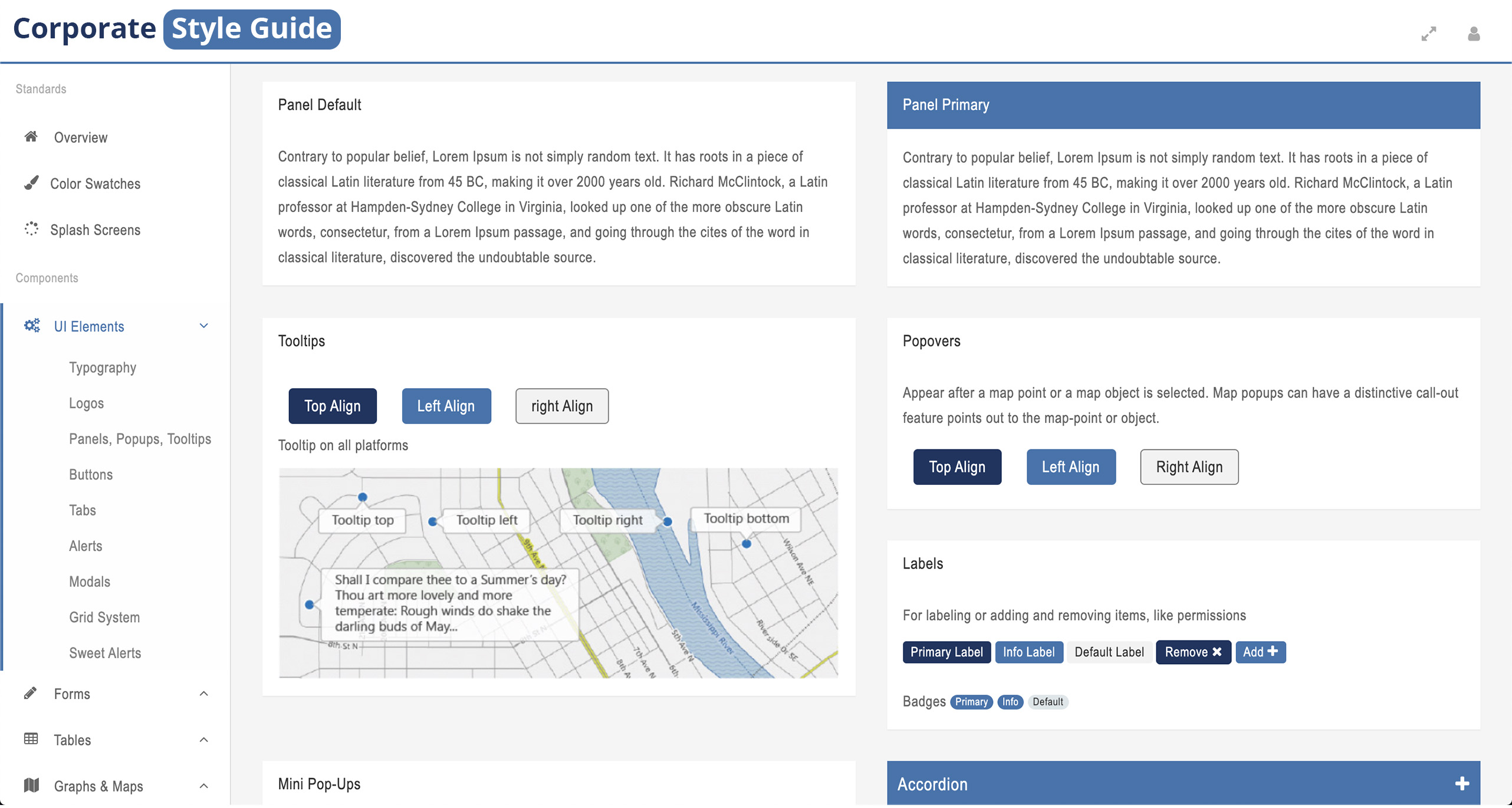 Corporate Style Guide Panels, Popups, Tooltips