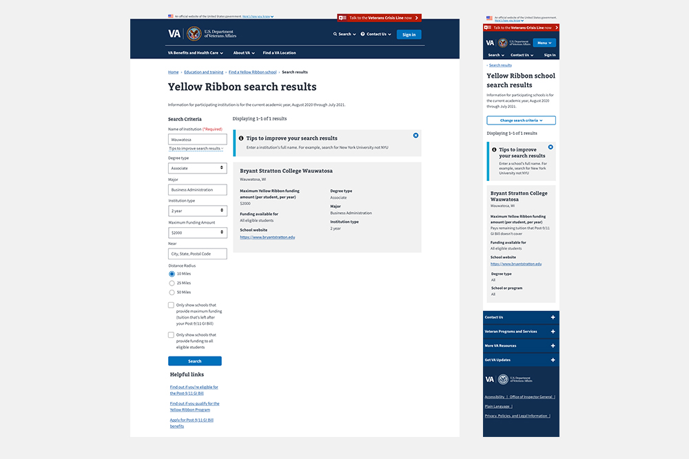 Department of Veterans Affairs Yellow Ribbon Search Results